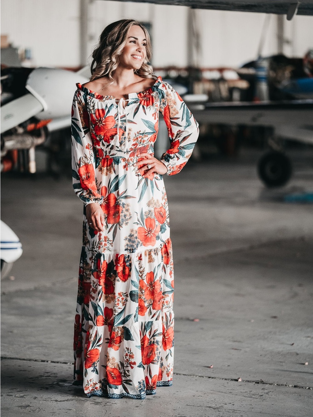 Flying Tomato White Red Long Sleeve Maxi Dress with Floral Print